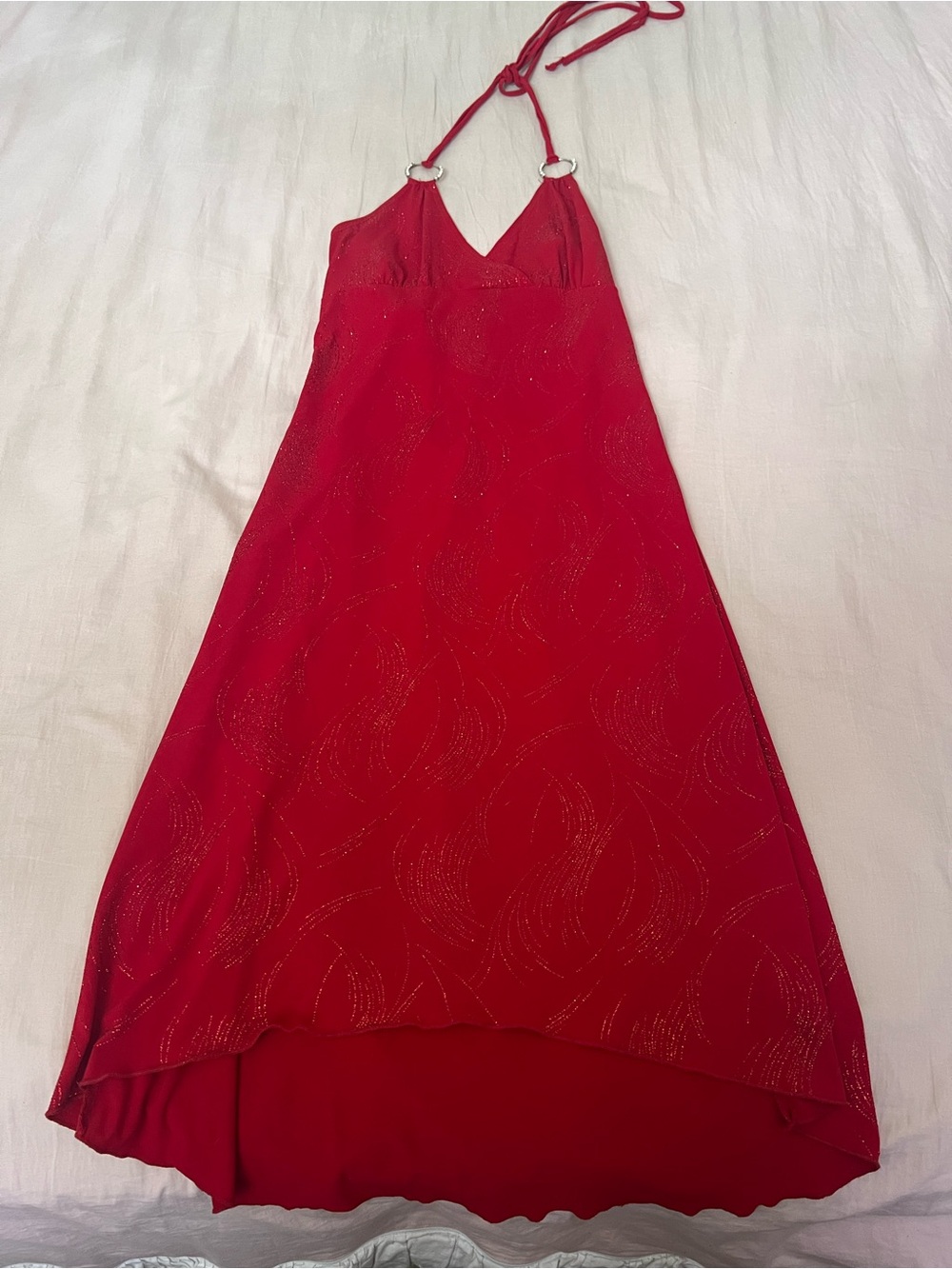 Y2K Lipstick Red Halter High-Low Dress with Sparkle Accents